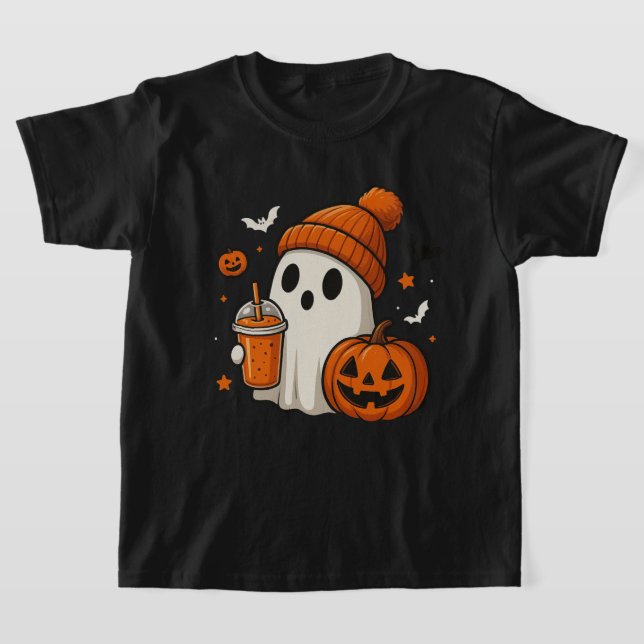 Cute Halloween Ghost med Pumpkin och Drink T Shirt (Laydown)
