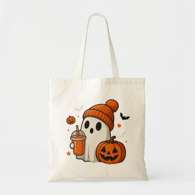 Cute Halloween Ghost med Pumpkin och Drink Tygkasse (Framsidan)
