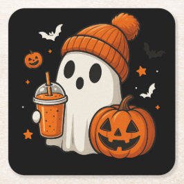 Cute Halloween Ghost med Pumpkin och Drink Underlägg Papper Kvadrat