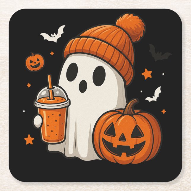 Cute Halloween Ghost med Pumpkin och Drink Underlägg Papper Kvadrat (Framsidan)