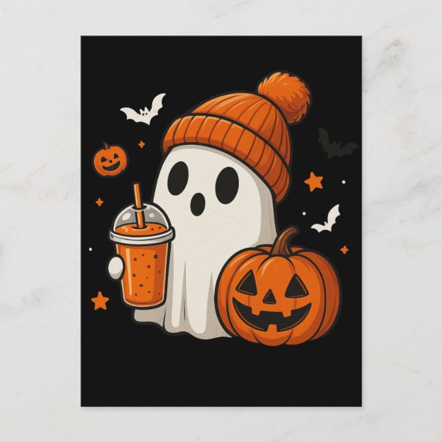 Cute Halloween Ghost med Pumpkin och Drink Vykort (Framsida)