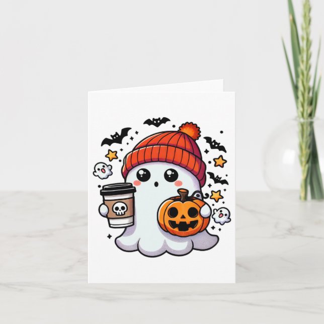 Cute Halloween Ghost med Pumpkin och kaffe Kort (Framsida)