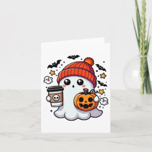 Cute Halloween Ghost med Pumpkin och kaffe Kort