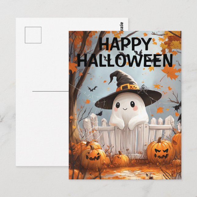 Cute Halloween Ghost med Pumpkins och Fladdermus Vykort (Fram/baksida)