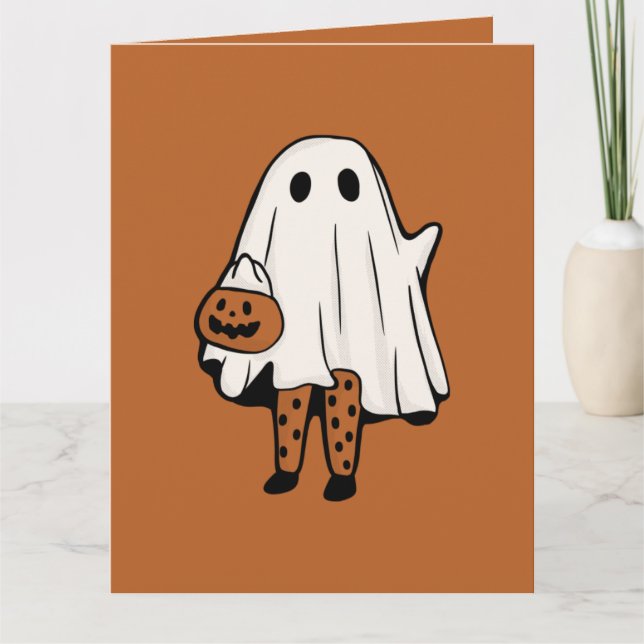 Cute Halloween Ghost med Stockings Halloween Kort (Framsida)