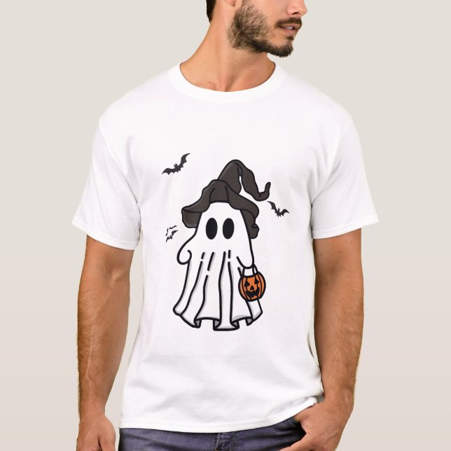 Cute Halloween Ghost med Witch Hat och Pumpkin T Shirt (Framsida)