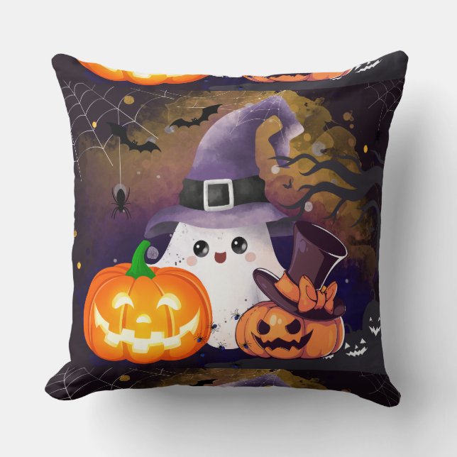 Cute Halloween Ghost med Witch Hat och Pumpkins Kudde (Framsida)
