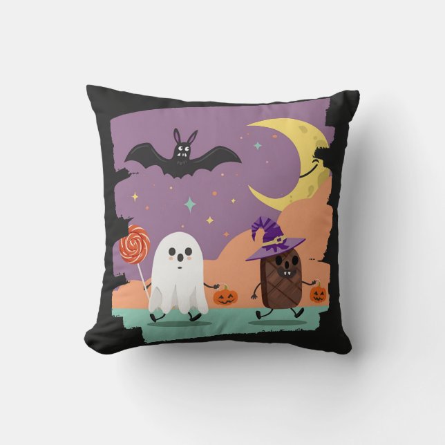 Cute Halloween Ghost och Candy Friends Kudde (Framsida)