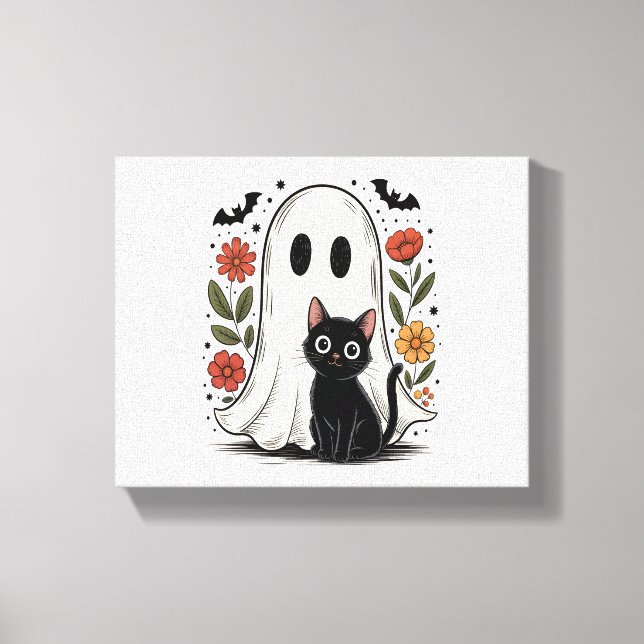 Cute Halloween Ghost och Cat Canvastryck (Framsida)