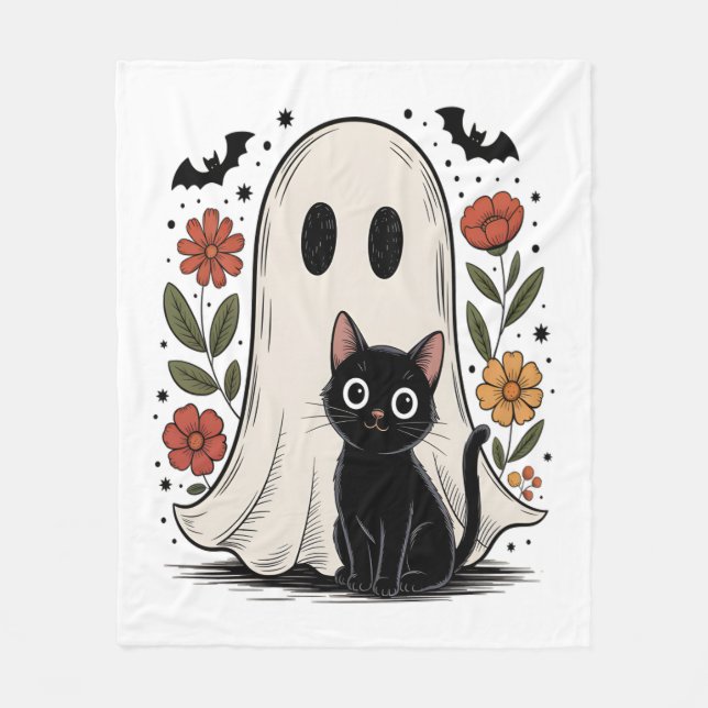 Cute Halloween Ghost och Cat Fleecefilt (Framsidan)