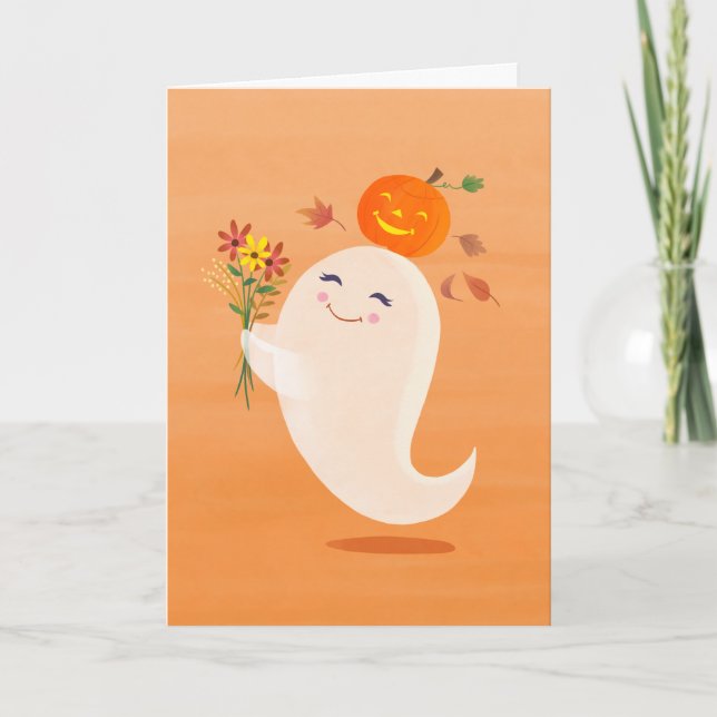 Cute Halloween Ghost och Flowers Kort (Framsida)