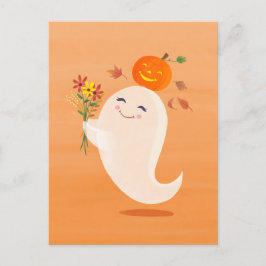 Cute Halloween Ghost och Flowers Orange Postcard Vykort