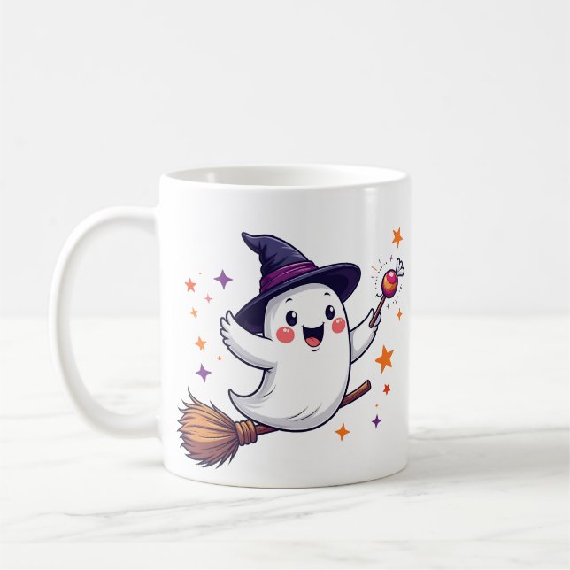 Cute halloween ghost on broomstick mug kaffemugg (Vänster)