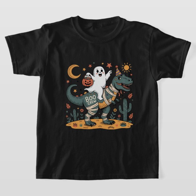 Cute Halloween, Ghost på Mummy T-Rex med Pumpkins T Shirt (Laydown)