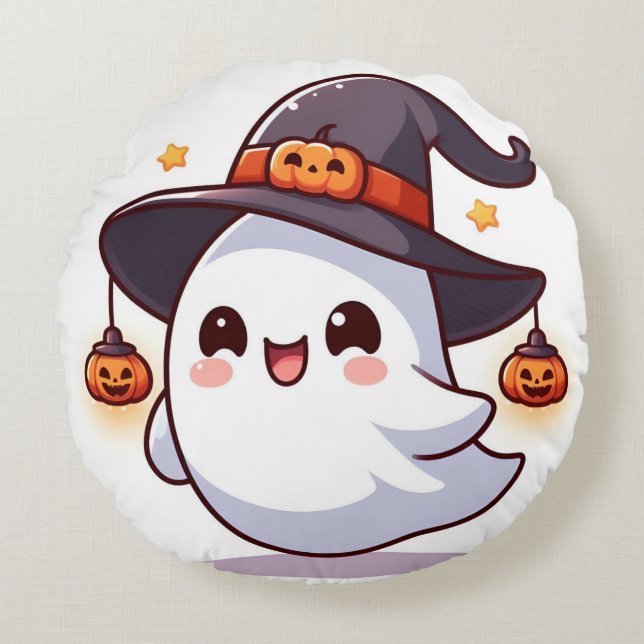 Cute Halloween Ghost Pillow Rund Kudde (Framsidan)
