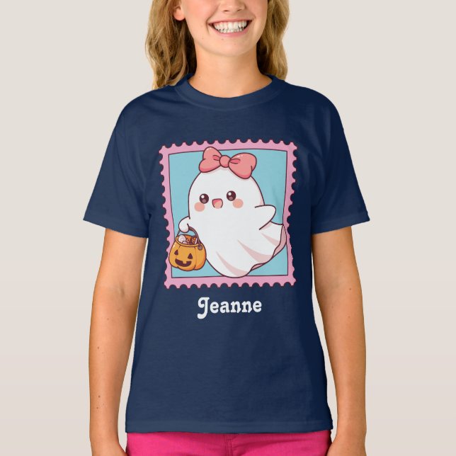Cute Halloween Ghost Pink Coquette Bow Kids T Shirt (Framsida)