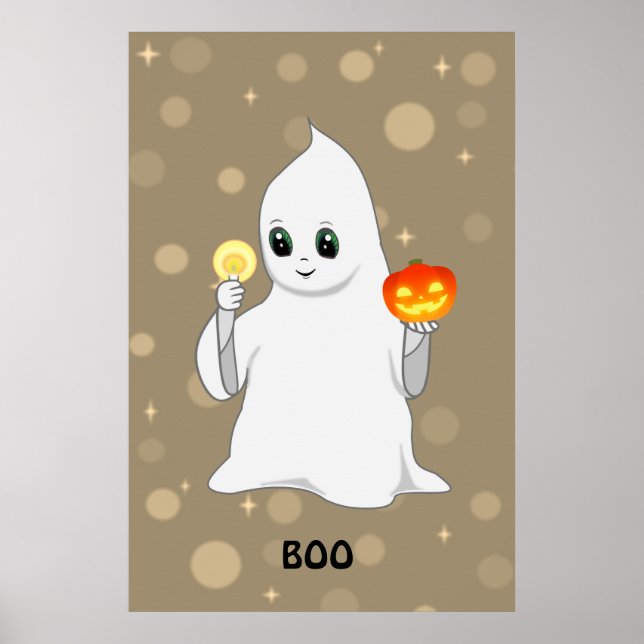 Cute Halloween Ghost & Pumpkin på Beige Poster (Framsidan)