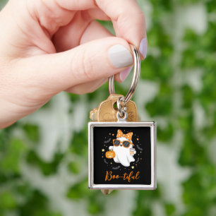 Cute Halloween Ghost Pumpkin Spice Personlig Fyrkantig Silverfärgad Nyckelring