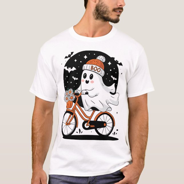 Cute Halloween Ghost Riding Bicycle Halloween T Shirt (Framsida)