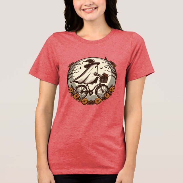 Cute Halloween Ghost Riding Bicycle T Shirt (Framsida)