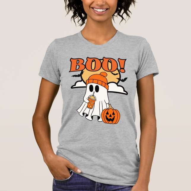 Cute Halloween Ghost Sipping på en ised Latte T Shirt (Framsida)