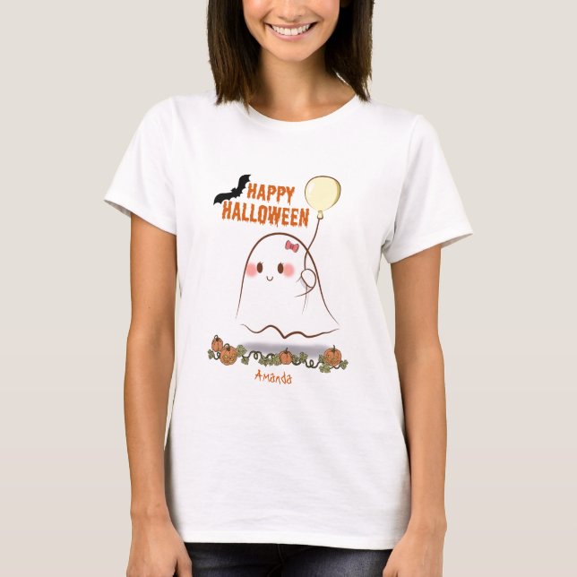 Cute Halloween Ghost som innehar en ballonflicka N T Shirt (Framsida)