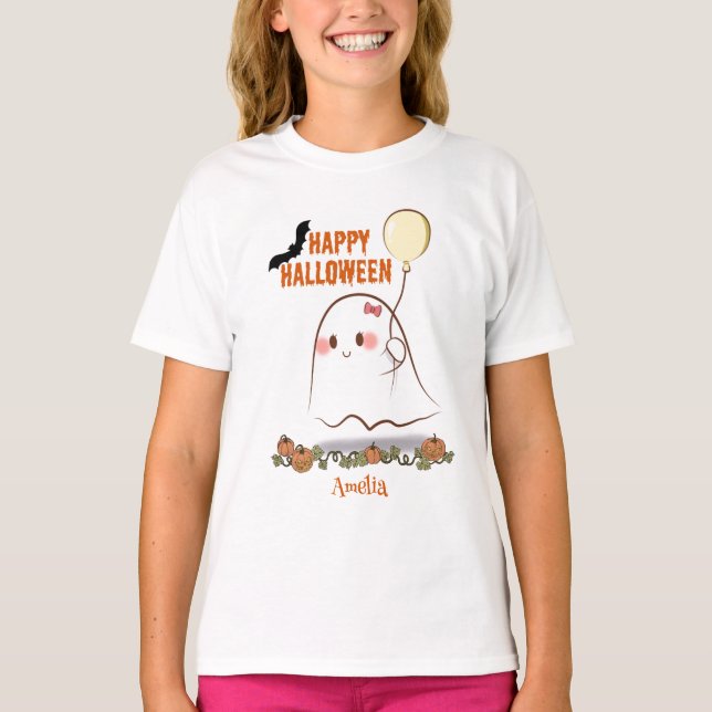 Cute Halloween Ghost som innehar en ballonflicka N T Shirt (Framsida)