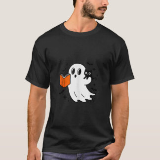 Cute Halloween Ghost som läser Bok med svart katt T Shirt