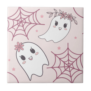 Cute Halloween Ghost & Spindelnät Mönster (2) Kakelplatta