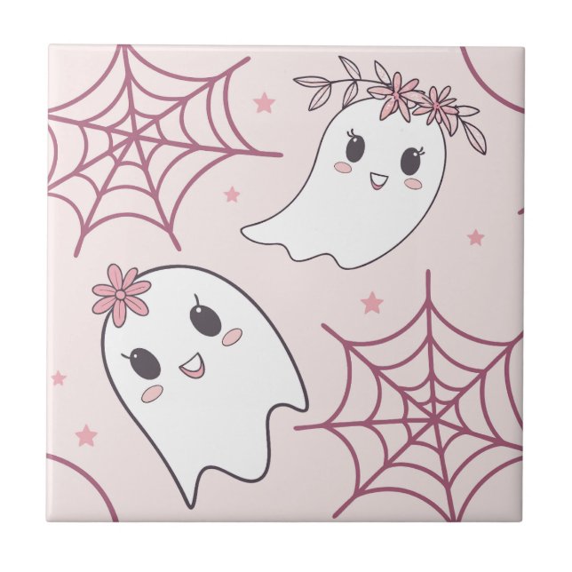 Cute Halloween Ghost & Spindelnät Mönster (2) Kakelplatta (Framsidan)