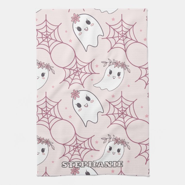 Cute Halloween Ghost & Spindelnät Mönster (2) Kökshandduk (Vertikal)