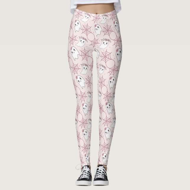 Cute Halloween Ghost & Spindelnät Mönster (2) Leggings (Framsida)