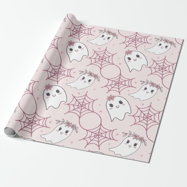 Cute Halloween Ghost & Spindelnät Mönster (2) Presentpapper (Utrullad)