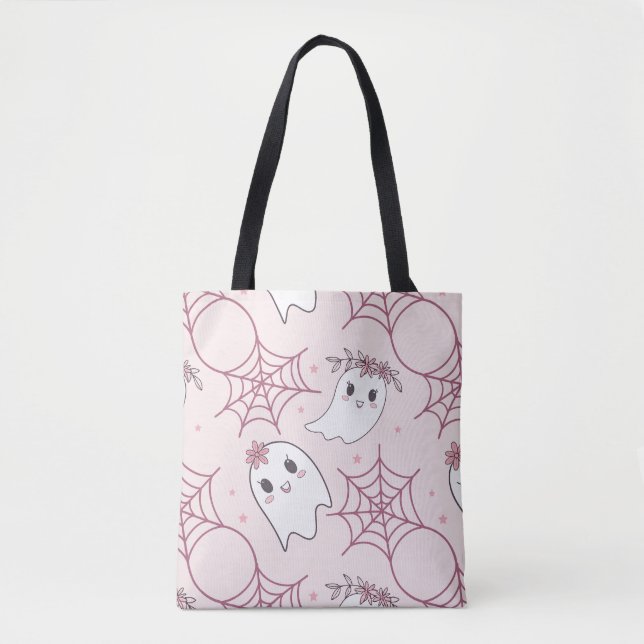Cute Halloween Ghost & Spindelnät Mönster (2) Tygkasse (Framsida)