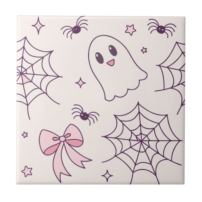 Cute Halloween Ghost & Spindelnät Mönster Kakelplatta (Framsidan)