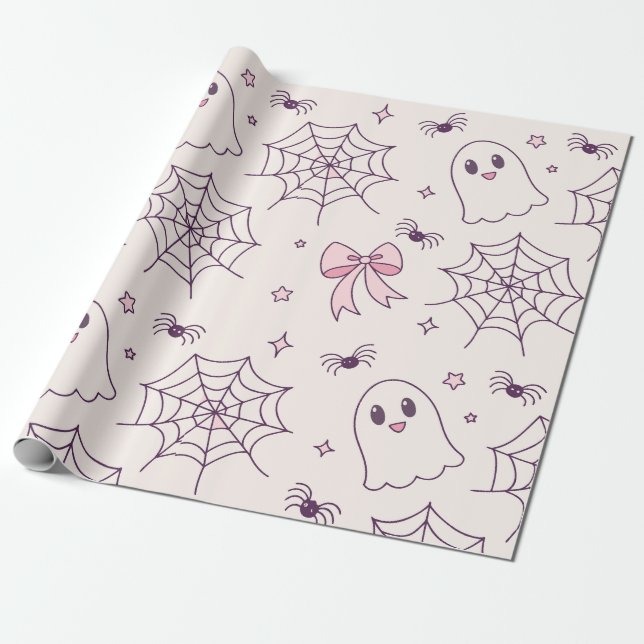 Cute Halloween Ghost & Spindelnät Mönster Presentpapper (Utrullad)