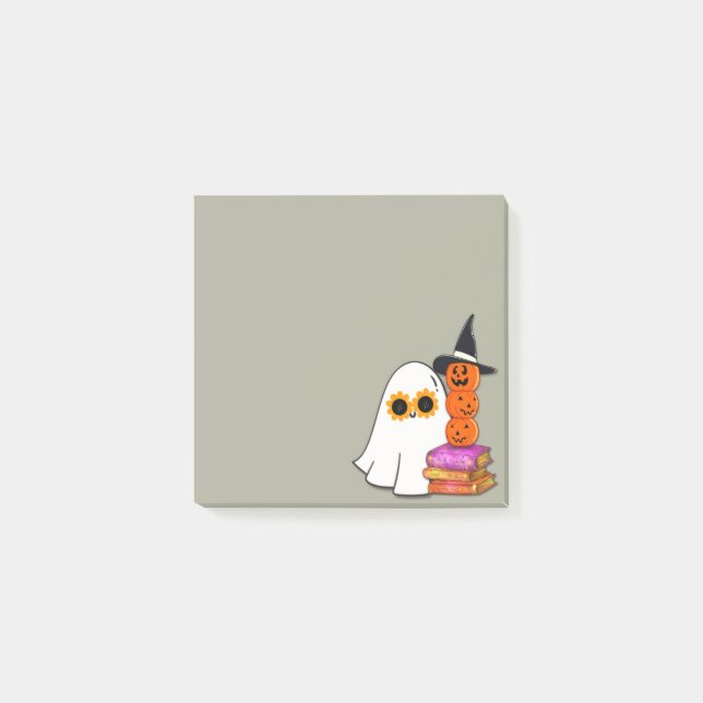 Cute Halloween Ghost - Sunglass, Pumpkin, Bokar Post-it Block (Framsida)