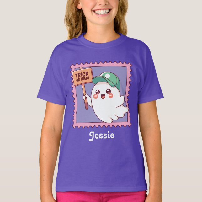 Cute Halloween Ghost Trick or Treat Kids Custom T Shirt (Framsida)