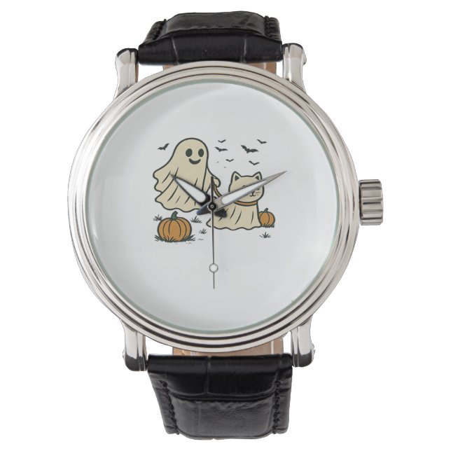 Cute Halloween Ghost Walking Ghost Cat Classic T-S Armbandsur (Framsida)