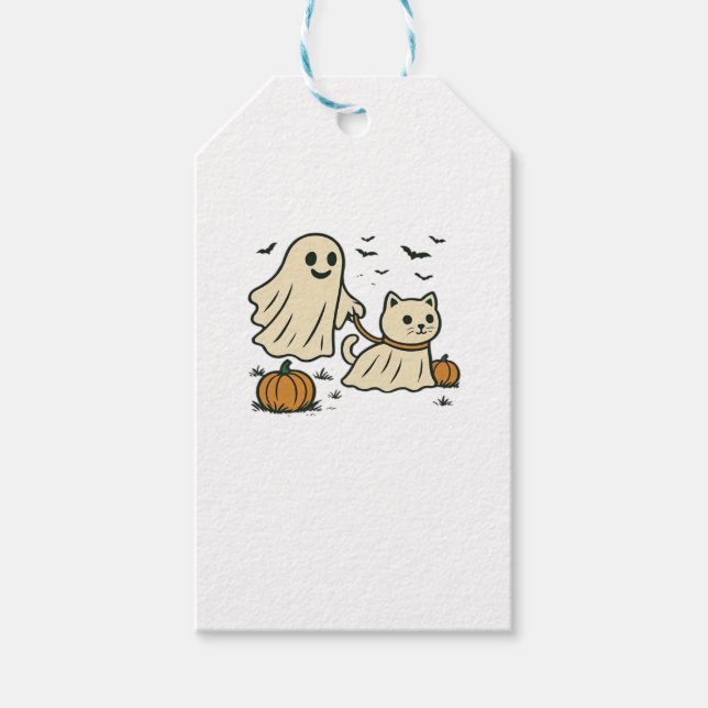 Cute Halloween Ghost Walking Ghost Cat Classic T-S Presentetikett (Framsidan)