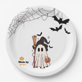 Cute Halloween Ghost Witch med Broom och Pumpkin
