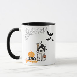 Cute Halloween Ghost Witch med Broom och Pumpkin Mugg