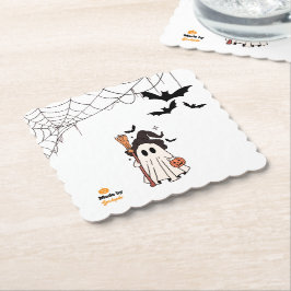 Cute Halloween Ghost Witch med Broom och Pumpkin Underlägg Papper
