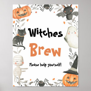 Cute Halloween Ghost Witches Brew Drinks Sign Poster
