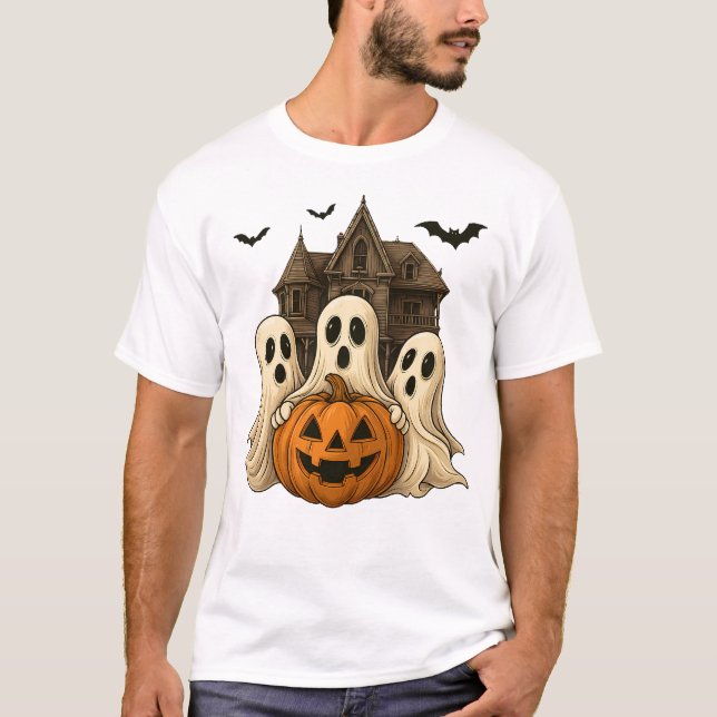 Cute Halloween Ghosts and Haunted House Pumpkin T- T Shirt (Framsida)