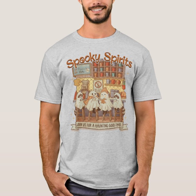 Cute Halloween Ghosts Raccoons Pumpkin Spice Cafe  T Shirt (Framsida)