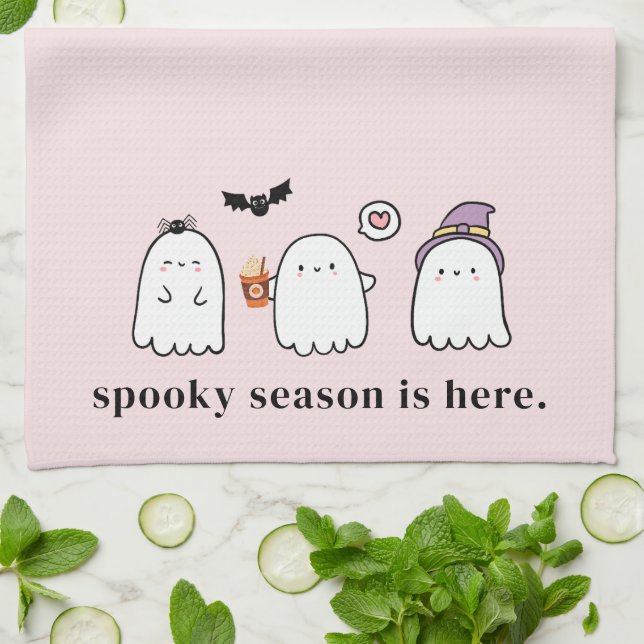 Cute Halloween Ghosts Spooky Season Pink Kökshandduk (Vikta)