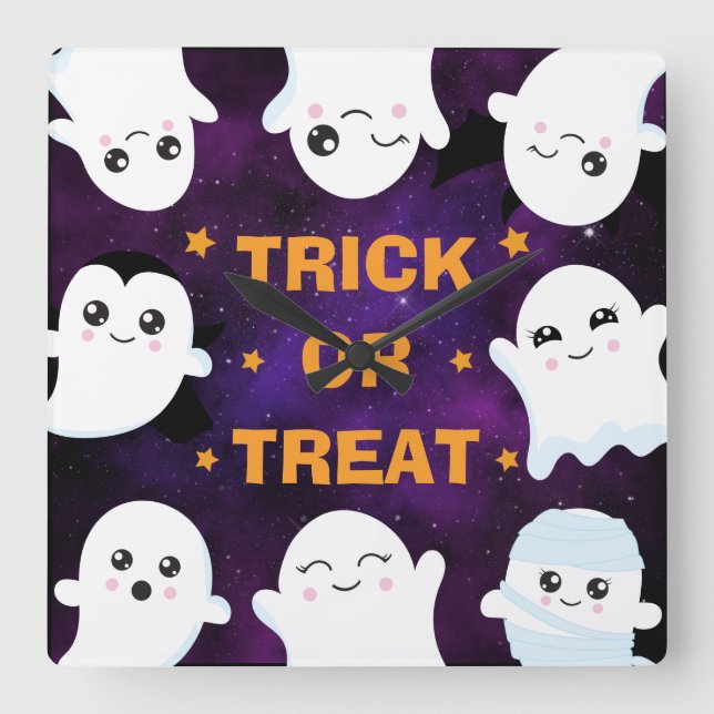 Cute Halloween Ghosts Trick or Treat Fyrkantig Klocka (Framsida)