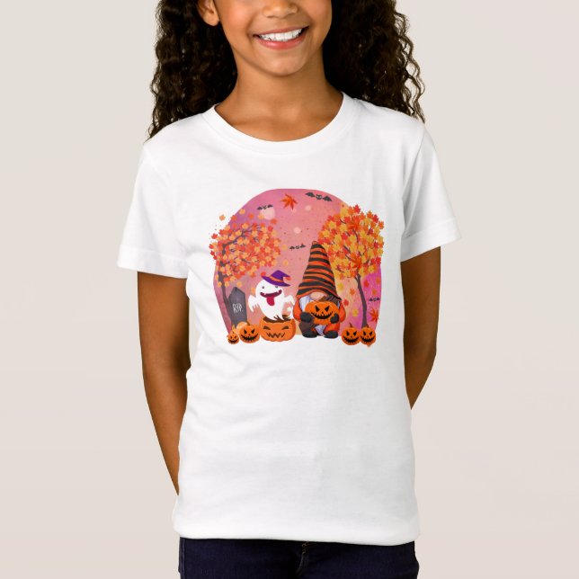 Cute Halloween Gnome and Ghost Girl's T Shirt (Framsida)