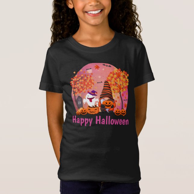 Cute Halloween Gnome och Ghost med Text Girl's T Shirt (Framsida)